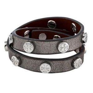 Tory Burch Leather Wrap Bracelet W/Logo Studs